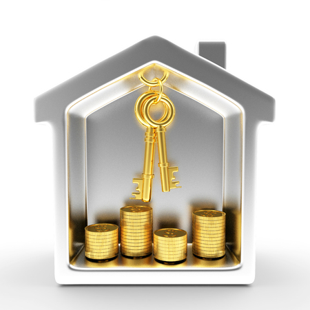 Silver house with golden keys and stacks of coins isolated on white backgroundの写真素材