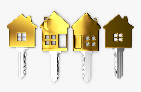 Set of golden house shape keys isolated on white backgroundの写真素材