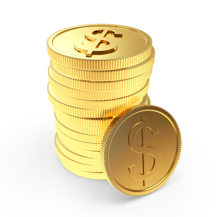 Stack of golden coins isolated on white backgroundの写真素材