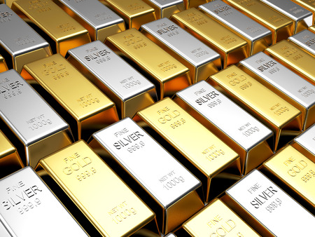 Business and finance background. Rows of golden and silver barsの写真素材