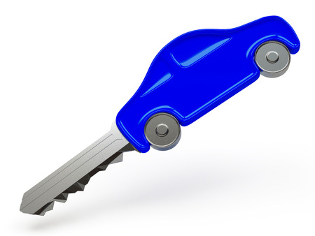 Key with blue car figure isolated on white backgroundの写真素材