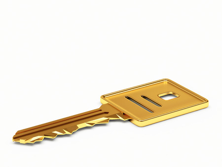 Golden key isolated on white backgroundの写真素材