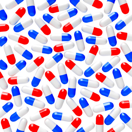Many colorful medical capsules isolated on white backgroundの写真素材