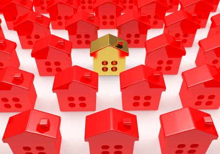 Mortgage concept. Rows of red houses with one golden house among them on white backgroundの写真素材