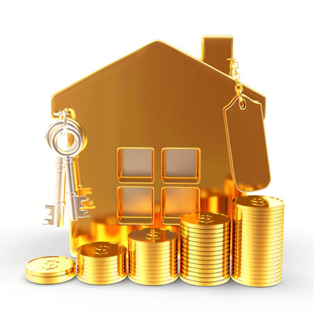 Golden house with blank label and stacks of coins isolated on white backgroundの写真素材