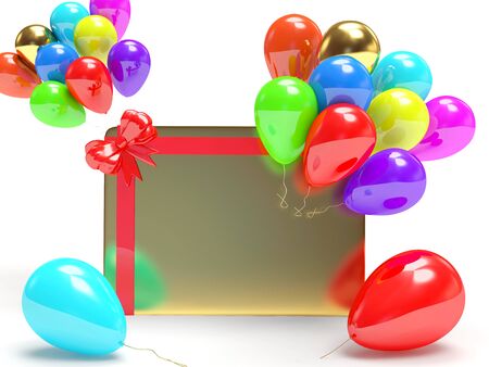 Blank golden gift card decorated red ribbon and bow with colorful balloons isolated on white backgroundの写真素材