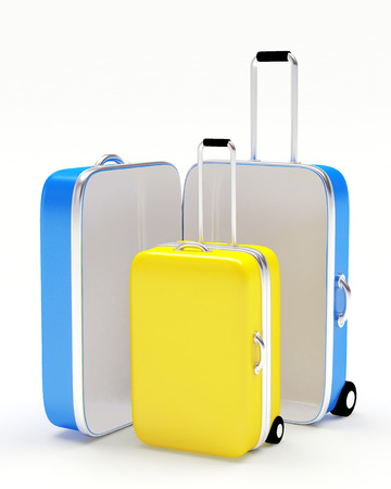 Travel suitcases open and closed isolated on white backgroundの写真素材