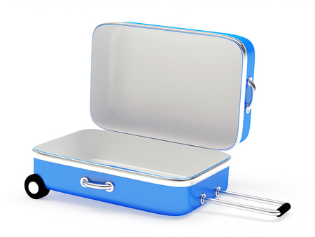 Open empty blue suitcase isolated on white backgroundの写真素材