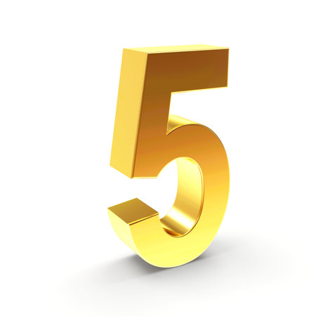 Golden number five on a white isolated background