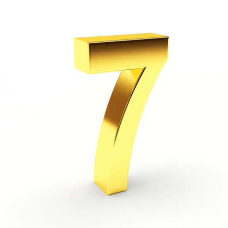 Golden number seven on a white isolated background