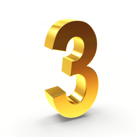 Golden number three on a white isolated backgroundの写真素材