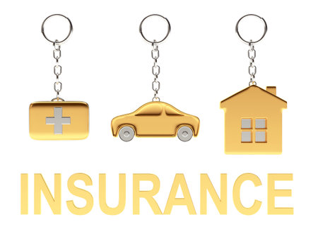 Set of golden keychains in the form of the house, car and medical suitcase and word INSURANCE...