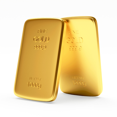 Banking concept. Two flat golden bars isolated on white. 3d illustration.の写真素材