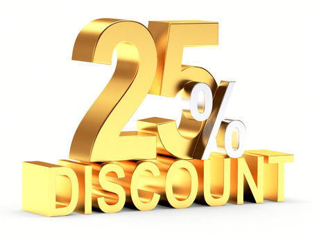 Golden 25 PERCENT and word DISCOUNT isolated on white backgroundの写真素材