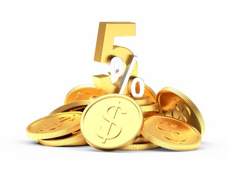 5 percent discount on a pile of golden coins isolated on white background.の写真素材