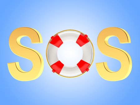 Word SOS with lifebuoy on white background. 3d illustrationの写真素材