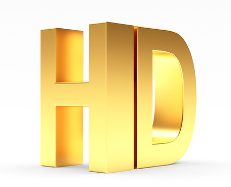 Golden HD TV icon isolated on white background. 3d illustrationの写真素材