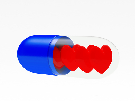 Red hearts in blue medical capsule isolated on white background. 3D illustrationの写真素材