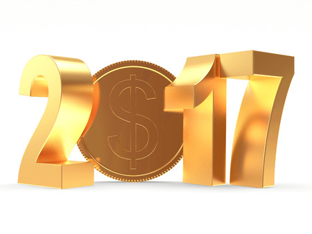 2017 New Year with golden coin isolated on white background. 3D illustrationの写真素材
