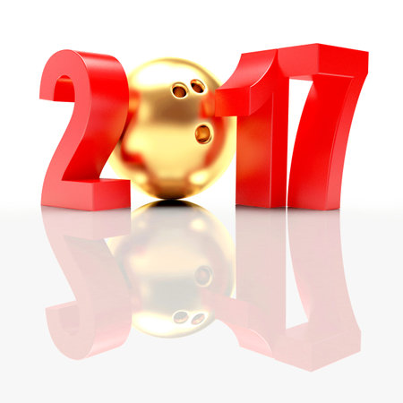 2017 New Year and golden bowling ball on white with reflection. 3D illustration