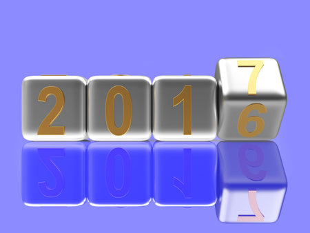 2017 New Year concept. Silver cubes 2016 changing for 2017 on blue background. 3D illustration