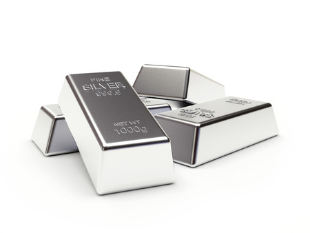 Banking concept. Heap of silver bars isolated on a white background. 3D illustration.の写真素材