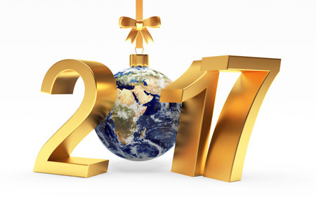Golden numbers 2017 New Year and Christmas ball in the form of the planet Earth with ribbon on...