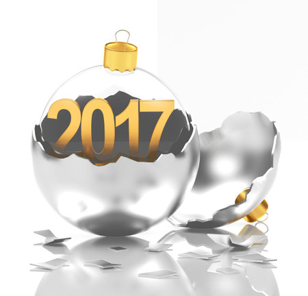 Glass Christmas ball with 2017 golden text in silver broken Christmas decoration. 3D illustration