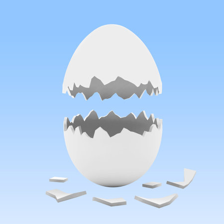 Broken empty egg shells on blue background. 3D illustration