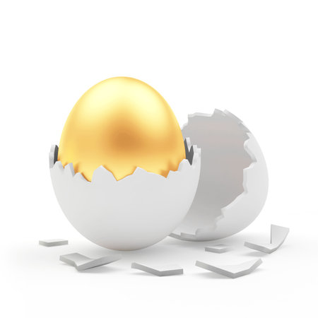 Golden Easter egg in broken white egg shell isolated on white background. 3D illustration