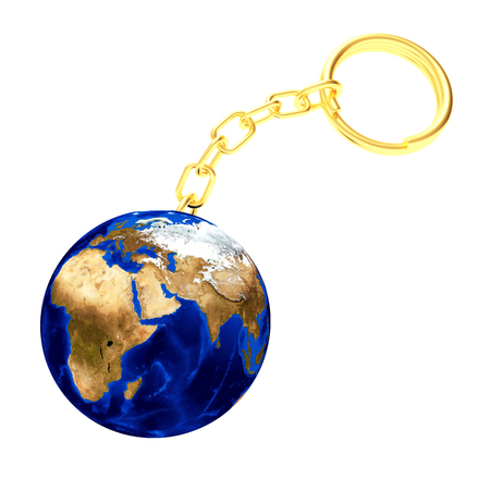 Key chain in the shape of planet Earth with golden chain. 3D illustration. Elements of this image furnished by NASAの写真素材