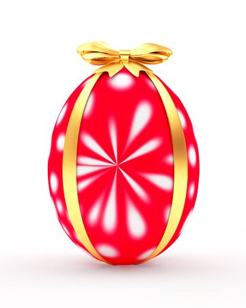 Easter gift. Red handmade egg with golden ribbon isolated on a white background. 3D illustrationの写真素材