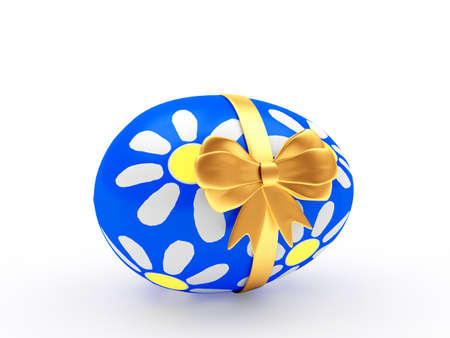 Easter gift. Blue handmade egg with golden ribbon isolated on a white background. 3D illustrationの写真素材