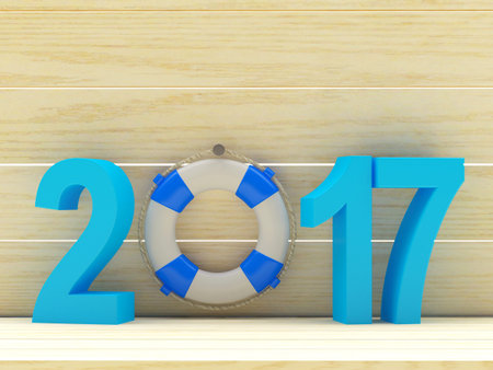 Lifebuoy and blue in 2017 with space for text on wooden background. 3D illustration