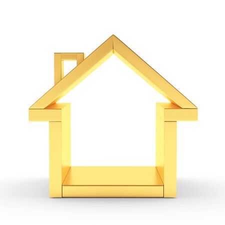 Real estate symbol. Golden house icon isolated on white. 3D illustrationの写真素材