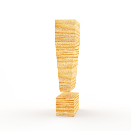 Wooden exclamation point on a white isolated background. 3D illustrationの写真素材