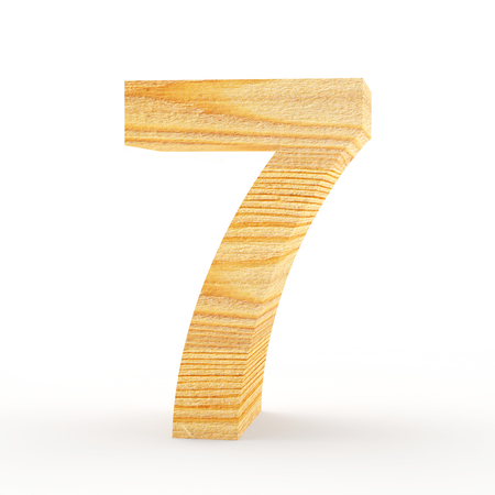 Wooden number 7 isolated on white background. 3D illustrationの写真素材