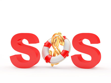 Red word SOS and dollar sign in lifebuoy isolated on white background. 3D illustration