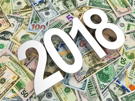 Silver numbers 2018 New Year against the background of dollar bills. Business and financial concept. 3D illustrationの写真素材