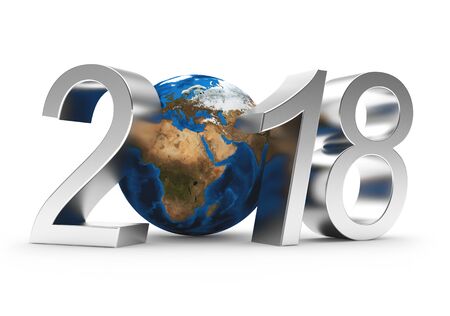Silver numbers 2018 New Year and planet Earth isolated on white. Elements of this image. 3D illustrationの写真素材