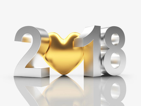 2018 Happy New Year concept. Silver text with golden heart on white with reflection. 3D illustration