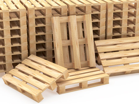 Piles of shipping wooden pallets on white background. 3D illustration