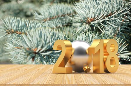2018 New Year and Christmas against the background of pine branches. 3D illustrationの写真素材