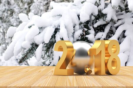2018 number with snow-covered fir branches and space for text. 3D illustrationの写真素材