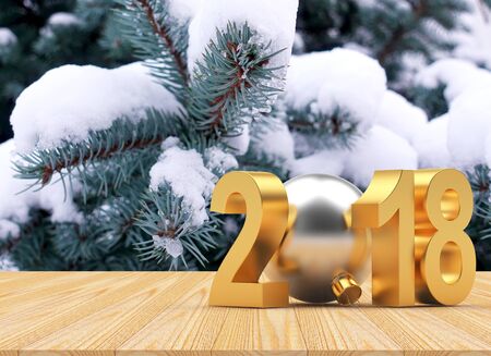 2018 number with snow-covered fir branches and space for text. 3D illustrationの写真素材