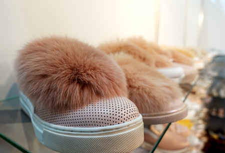 New models of fashionable women's youth shoes on a shelf in a shoe store.の写真素材