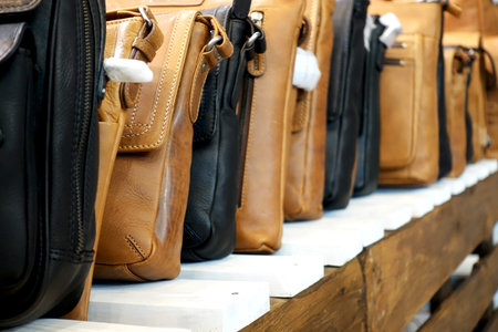 Men's leather bags on the shelf in the store.