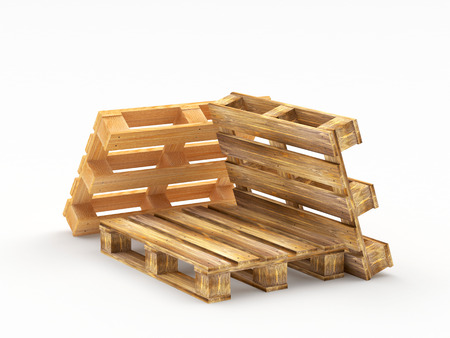 Three brown wooden pallets isolated on a white background. 3D illustrationの写真素材