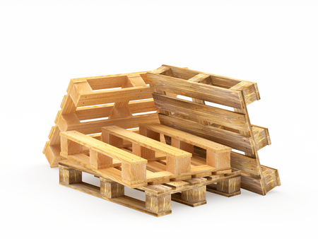 Pile of brown wooden pallets isolated on white background. 3D illustrationの写真素材