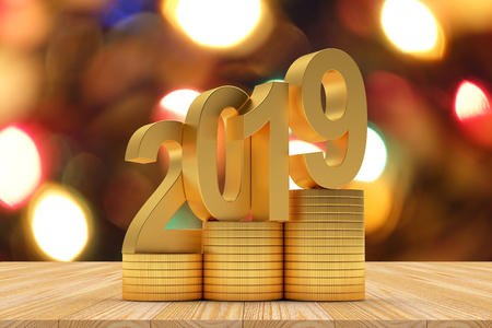 Golden number 2019 stands on bokeh lights. 3D illustrationの写真素材